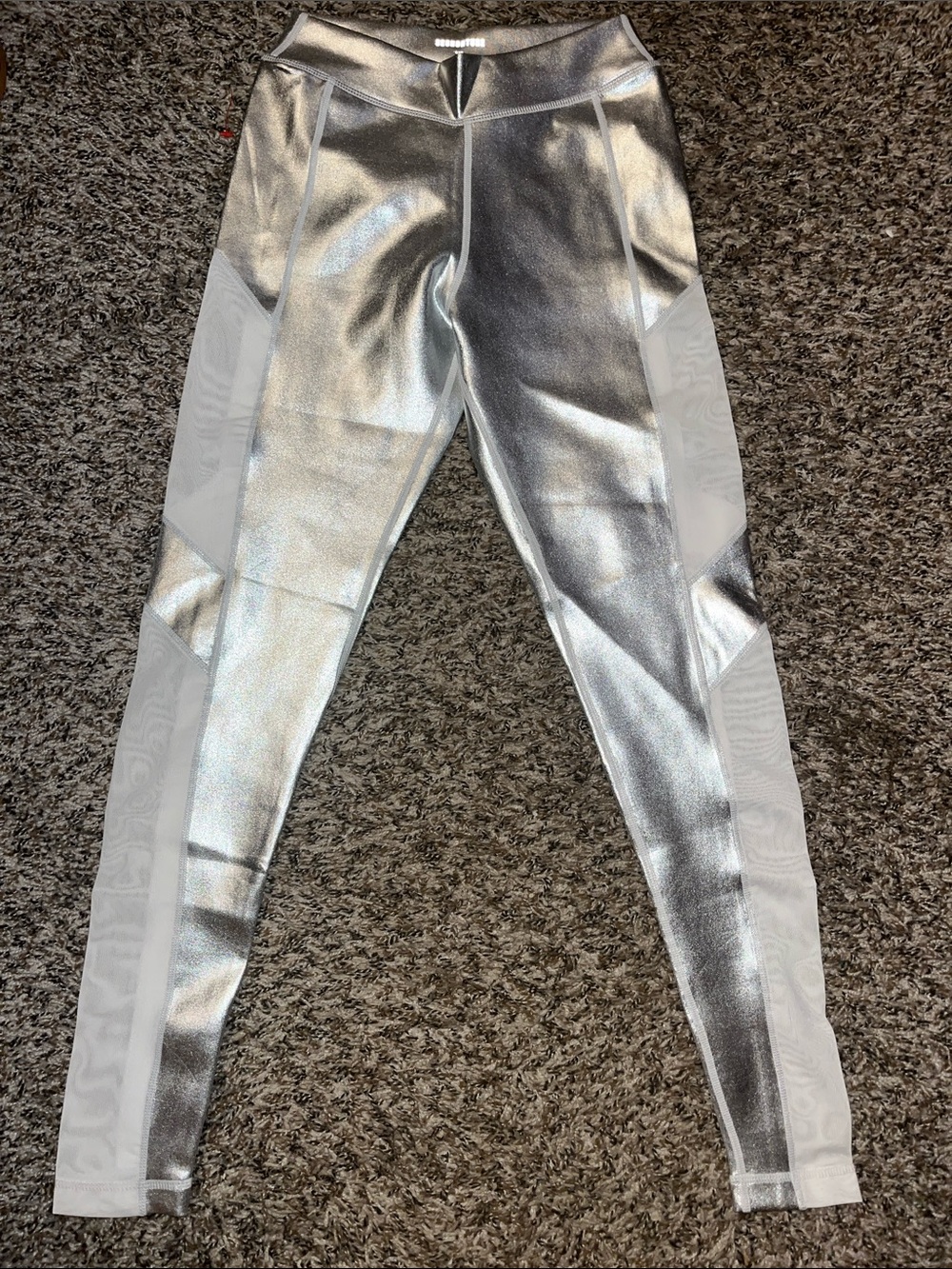 Silver Metallic Leggings with Mesh Panels